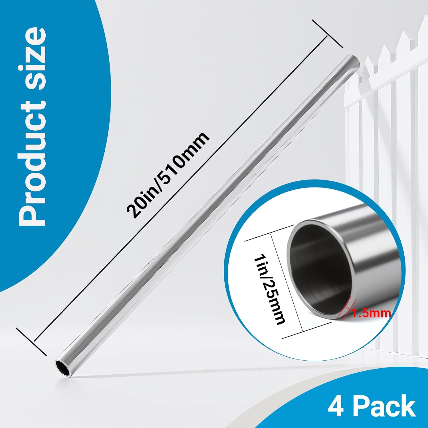4 Pack 1" OD 304 Stainless Steel Pipe,20 Inch Length Thickened Metal Tubing,1.5mm Wall Thickness,1 Inch Stainless Steel Tube (4, 20 inch)